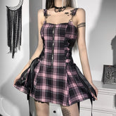 Straps Plaid Lace-up Gothic Zipper Dress