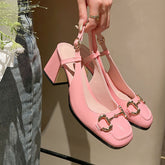 Slingback Square Toe Block Heel Leather Sandals for Women