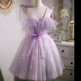 Spaghetti Straps Appliques Tulle Short Homecoming Dresses