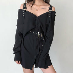 Alt Off Shoulder Black Metal Buckle Belt Shirt Dress