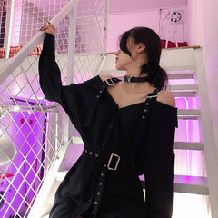 Alt Off Shoulder Black Metal Buckle Belt Shirt Dress
