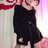 Alt Off Shoulder Black Metal Buckle Belt Shirt Dress