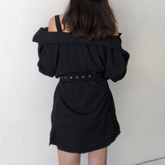 Alt Off Shoulder Black Metal Buckle Belt Shirt Dress