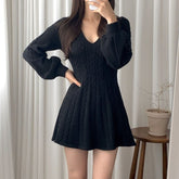 Long-Sleeve Cable-Knit V Neck Sweater Mini Dress