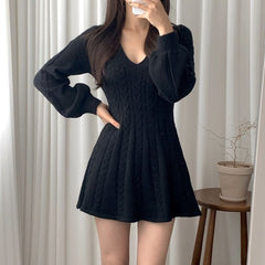 Long-Sleeve Cable-Knit V Neck Sweater Mini Dress