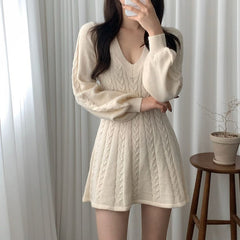 Long-Sleeve Cable-Knit V Neck Sweater Mini Dress