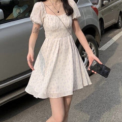 Summer Short-Sleeve Cutout Floral Print Mini A-Line Dress