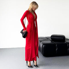 Temperament deep V-neck tie pleated niche dress