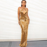 Halter neck hollow back long party dress