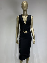 Sleeveless V-neck Metal Button Midi Dress