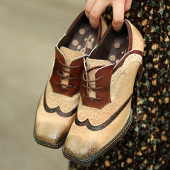 Oxford Shoes Handmade Leather Old Retro Style Brogue Heels