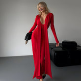 Temperament deep V-neck tie pleated niche dress