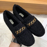 Metal Chain Winter Warm Lamb Fur Flat Shoes Loafers