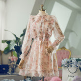 Peach Floral Bow Tie Ruffle Dress With Sleeve