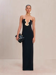 Black strapless deep V metal banquet party dress