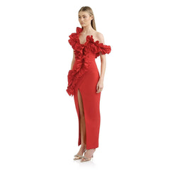 Ruffled V-Neck Slit Party Evening Dress