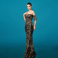 One-neck tassel banquet sequined fishtail evening dress