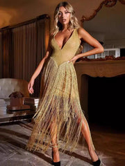 Deep V Tight Fringed Party Dress