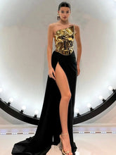 Gold Halter Top Slit Long Skirt Suit Y2K Party Dress