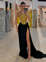 Gold Halter Top Slit Long Skirt Suit Y2K Party Dress