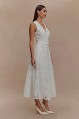 TIERED EYELET LACE MIDI DRESS IN WHITE