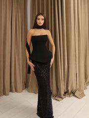 Bandage Tube Top Sequined Long Skirt Two-Piece Set