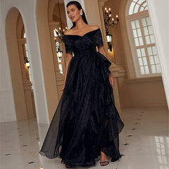 Off-the-Shoulder with Ruffle Trim Split at Thigh Casual Dresses