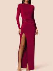 Round neck high slit hip-hugging maxi dress