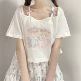 Cute Japanese Soft Girl Strapless Bow Bear Print T-shirt