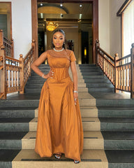 High waist pleated slim fit long dress