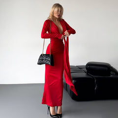 Temperament deep V-neck tie pleated niche dress