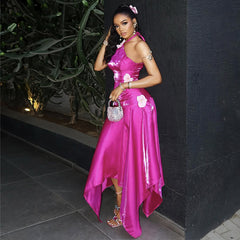 Halter neck sleeveless 3D flower low waist slim dress