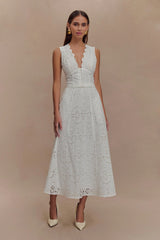 TIERED EYELET LACE MIDI DRESS IN WHITE