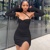 Draped Front Flounce Sleeve Ruched Side Split Hem Mesh Dress