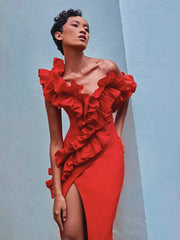 Ruffled V-Neck Slit Party Evening Dress