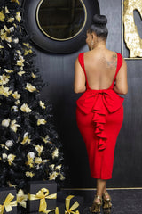 YELLOW STRAPPY V NECK MIDI BANDAGE DRESS