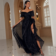 Off Shoulder Ruffle Trim Split Thigh Maxi Dress