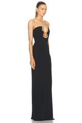 Black strapless deep V metal banquet party dress