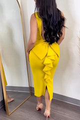 YELLOW STRAPPY V NECK MIDI BANDAGE DRESS