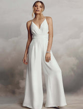 WHITE V NECK EMBROIDERY JUMPSUIT