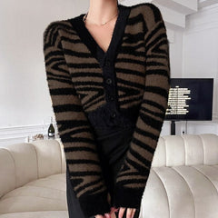 Jackets Vintage Leopard Cardigan Zebra Pattern V neck Mohair Knitwear