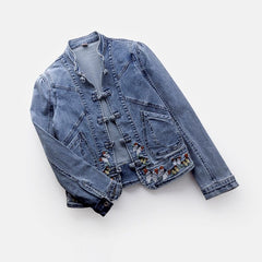 Vintage Autumn Embroidery Denim Jackets Washed Blue Jean Coat