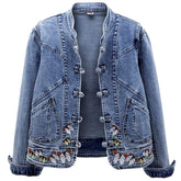 Vintage Autumn Embroidery Denim Jackets Washed Blue Jean Coat