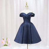 Navy Pleated Satin Homecoming Dress With Off Shoulder