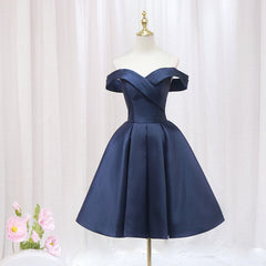 Navy Pleated Satin Homecoming Dress With Off Shoulder