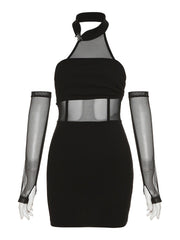 Tight Semi-transparent Dress Black Halter Dress with Sleeves