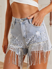 Summer Denim Shorts High Waisted Ripped Rhinestone Pearl Frayed Raw Hem Blue Jean Shorts