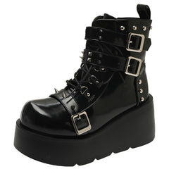 Goth Platform Ankle Boots Buckle Zip Rivet Punk Wedges High Heels Boots Shoes