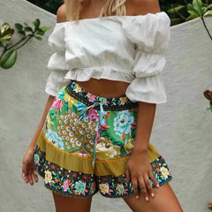 Cyra Boho High-Waist Shorts �Emerald Plume
