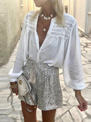 Women's Glitter Sequins Shorts Sparkly Wide Leg Party Shorts